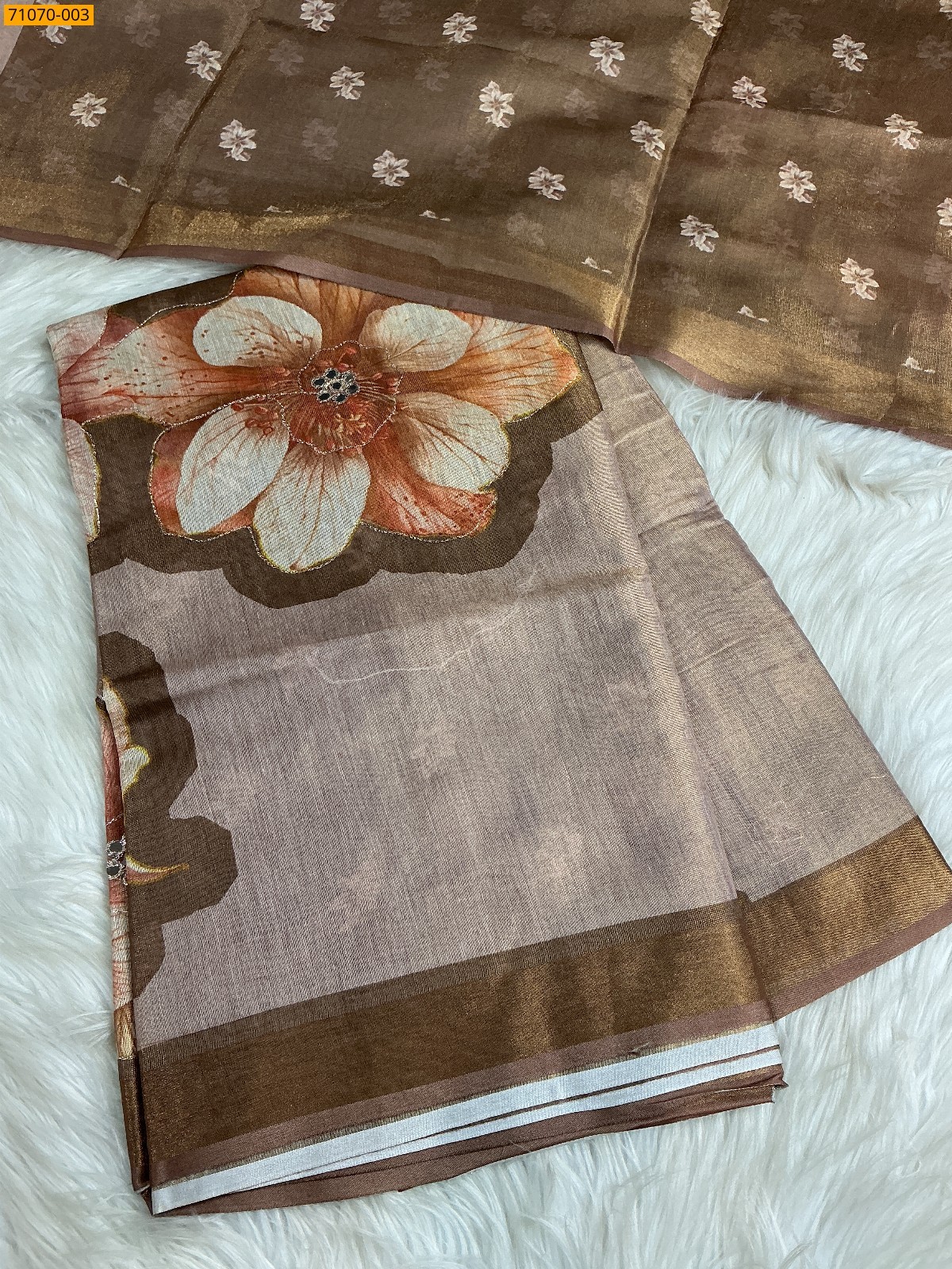 Brown Linen Tissue silk digital printed sarees