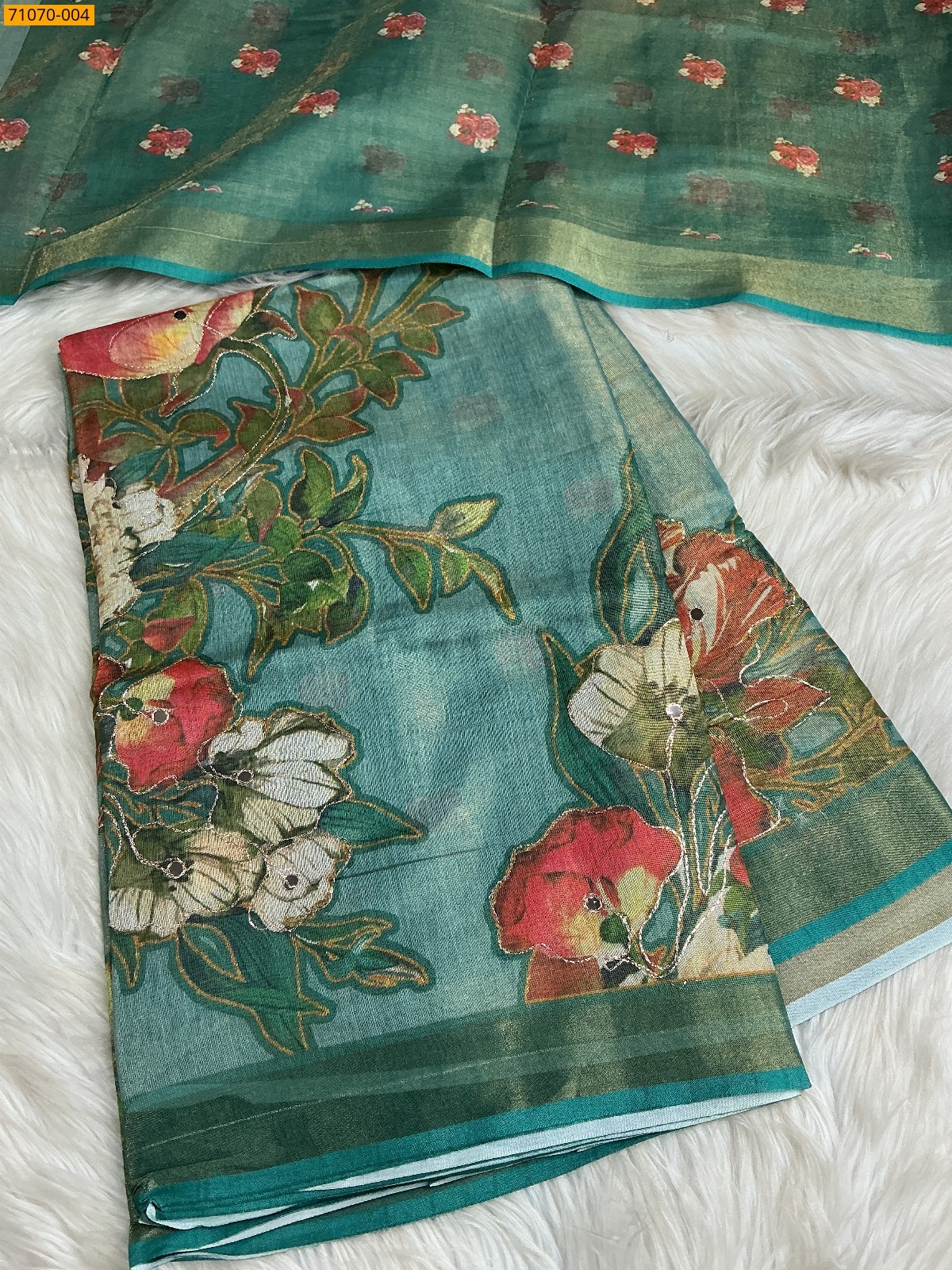 Green Linen Tissue silk digital printed sarees