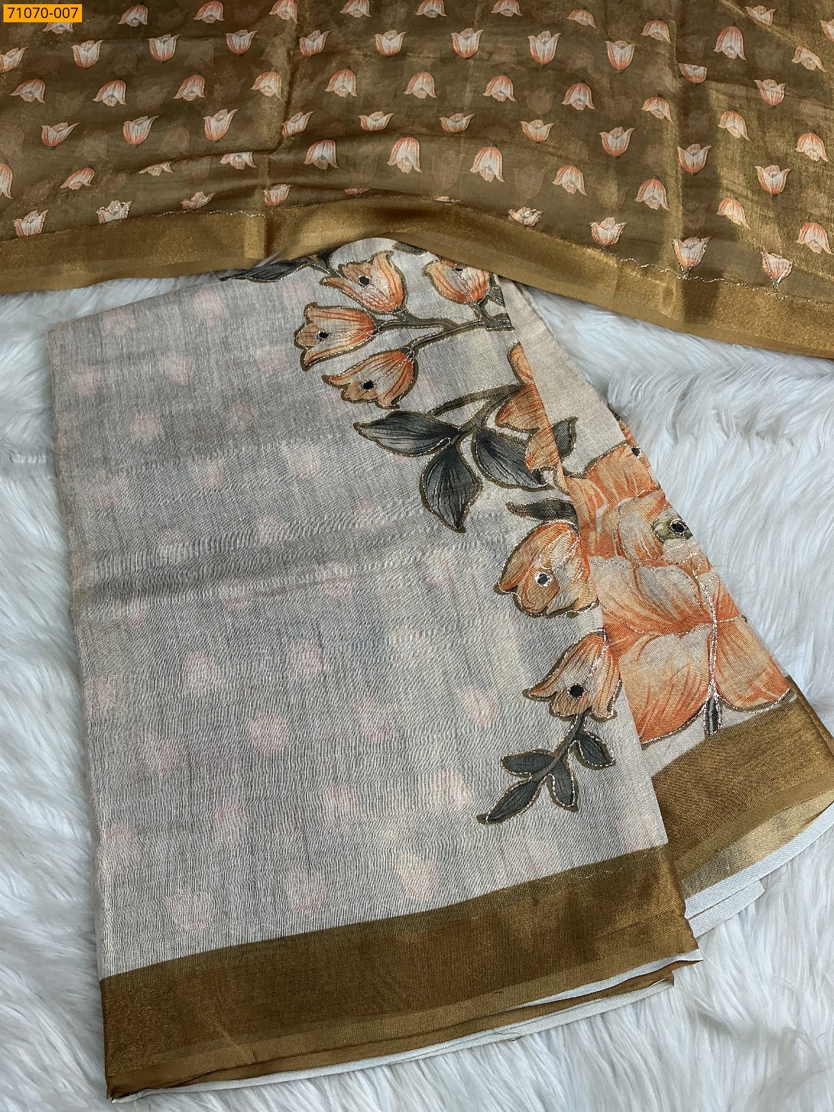 Beige Linen Tissue silk digital printed sarees