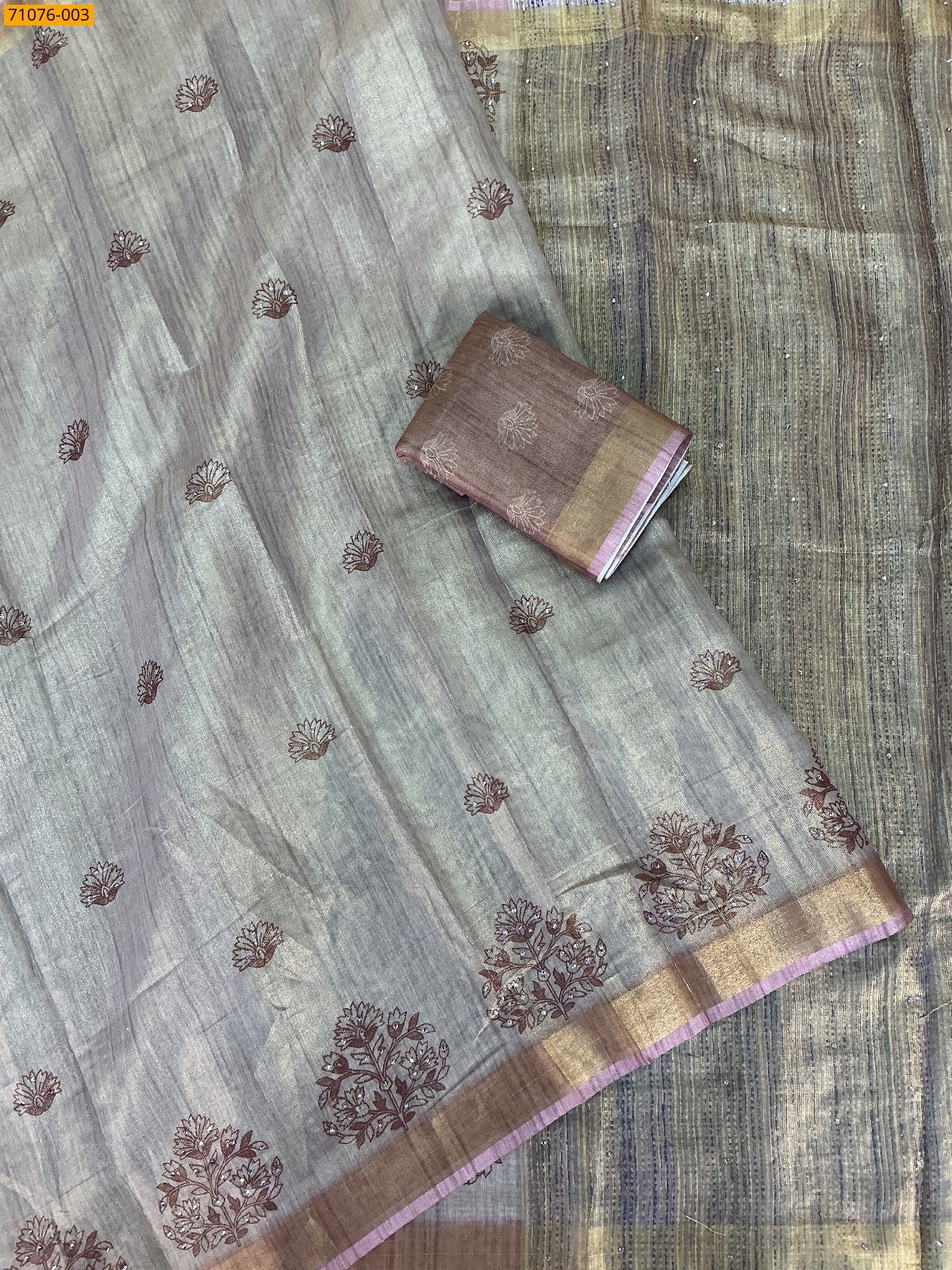 Light Brown Linen Tissue silk digital printed sarees