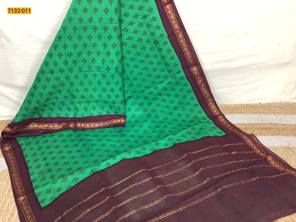 Green 9 Yards Printed Cotton Saree