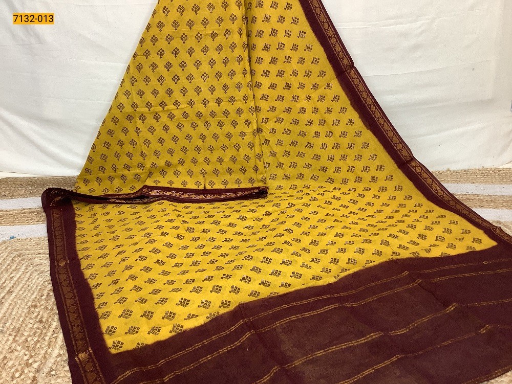 Yellow 9 Yards Printed Cotton Saree