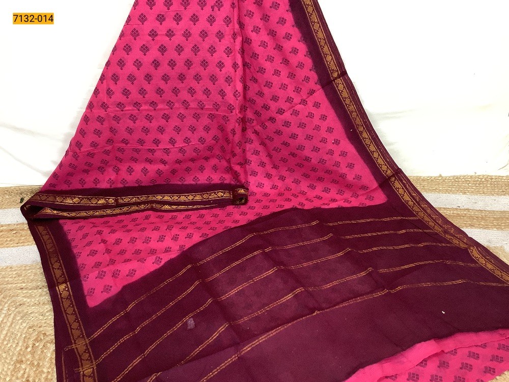 Dark Pink 9 Yards Printed Cotton Saree