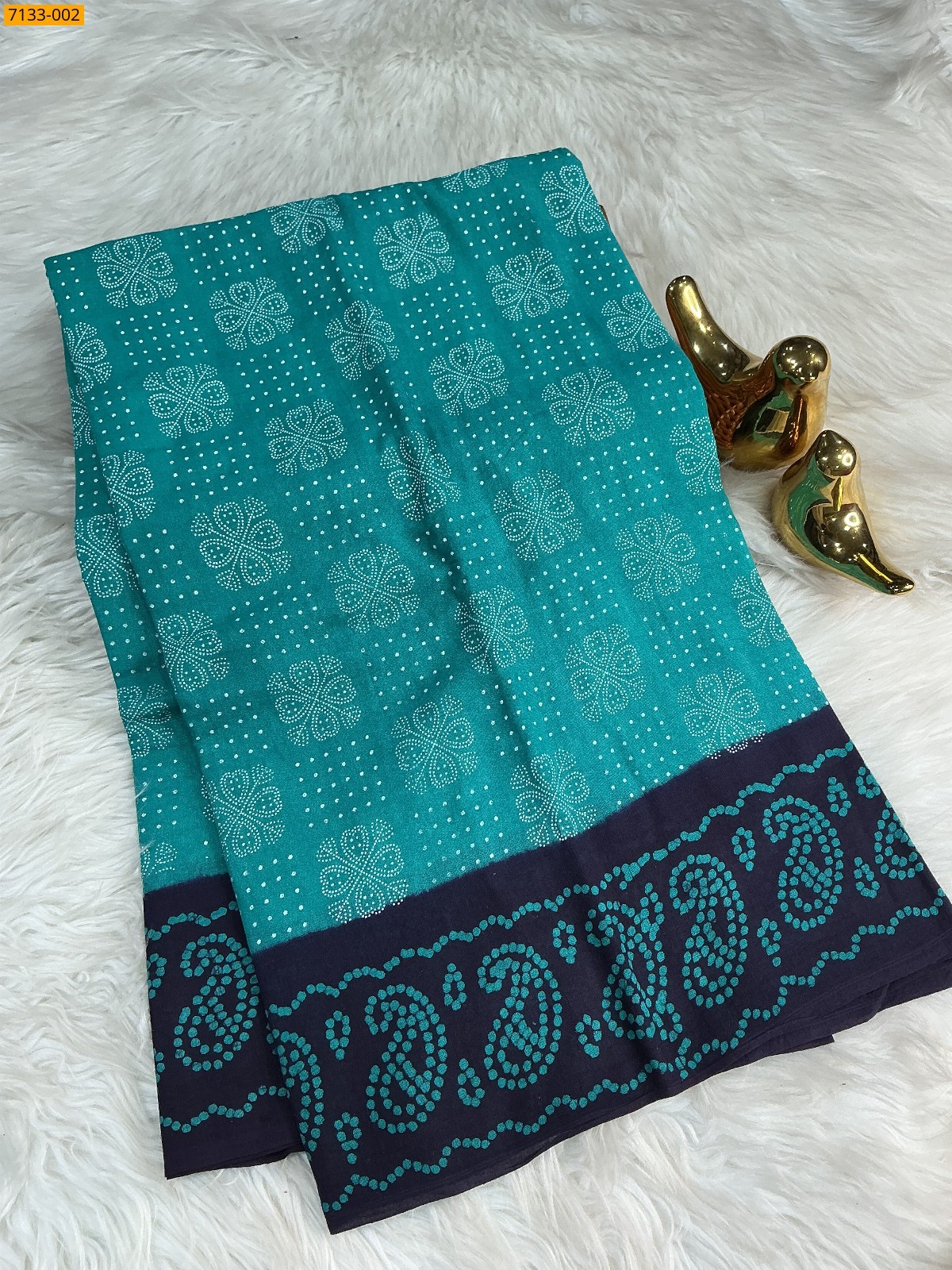 Rama Green Mulmul cotton wax printed saree