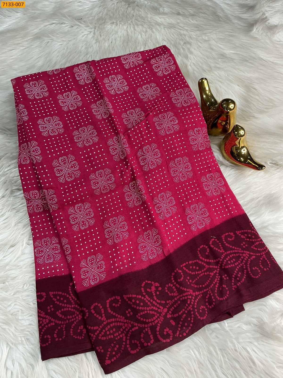 Dark Pink Mulmul cotton wax printed saree