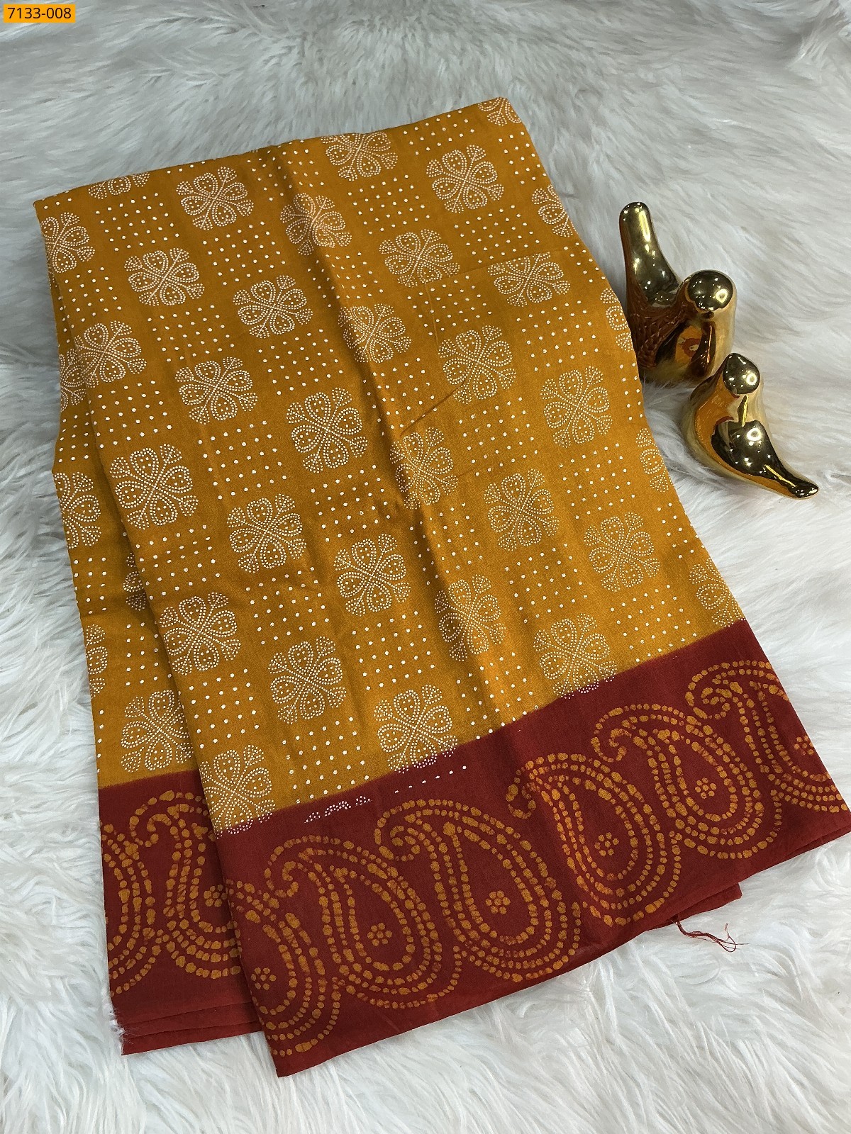 Yellow Mulmul cotton wax printed saree