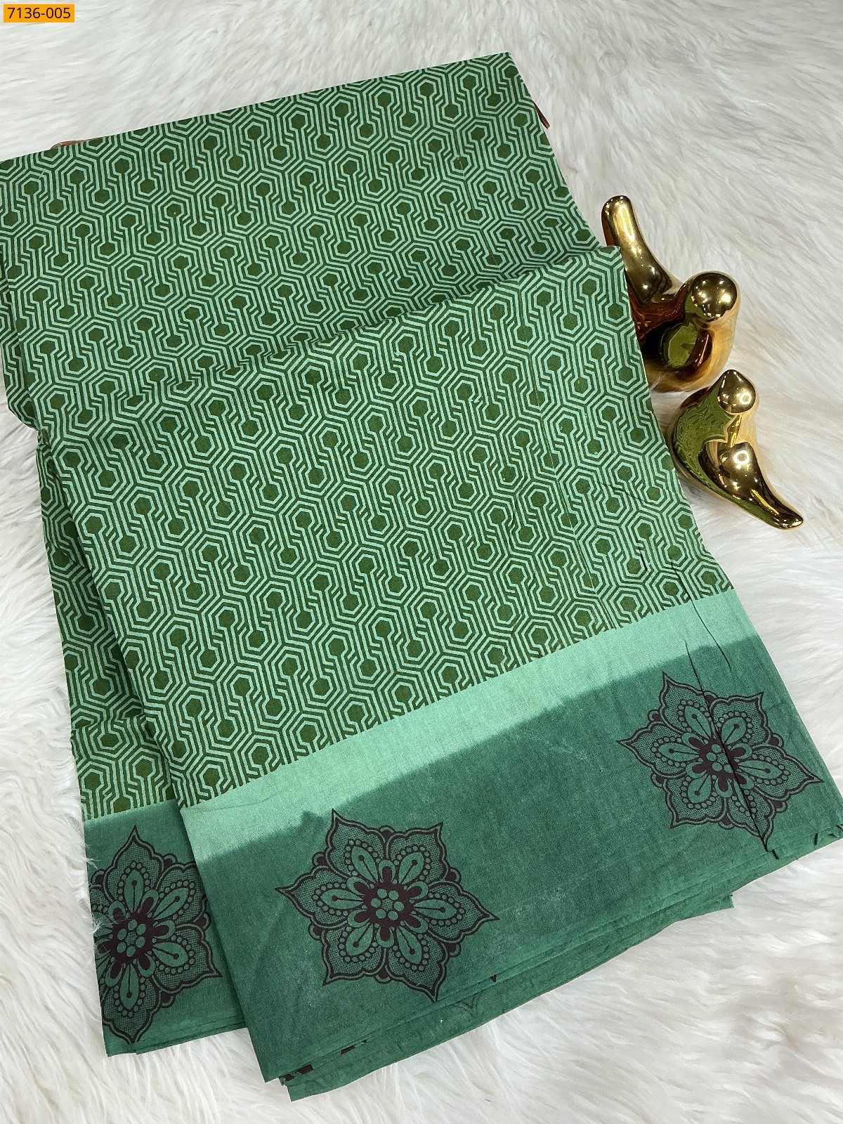 Dark Green Cotton all over printed Saree