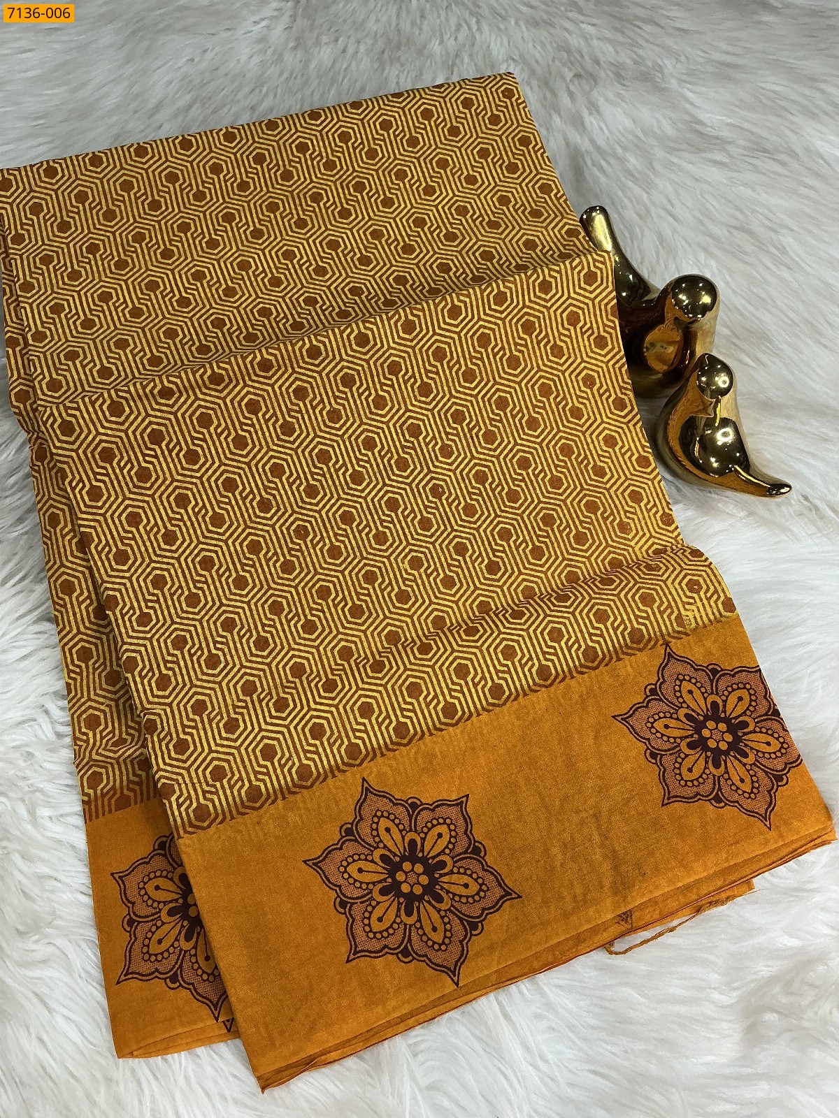 Yellow Cotton all over printed Saree