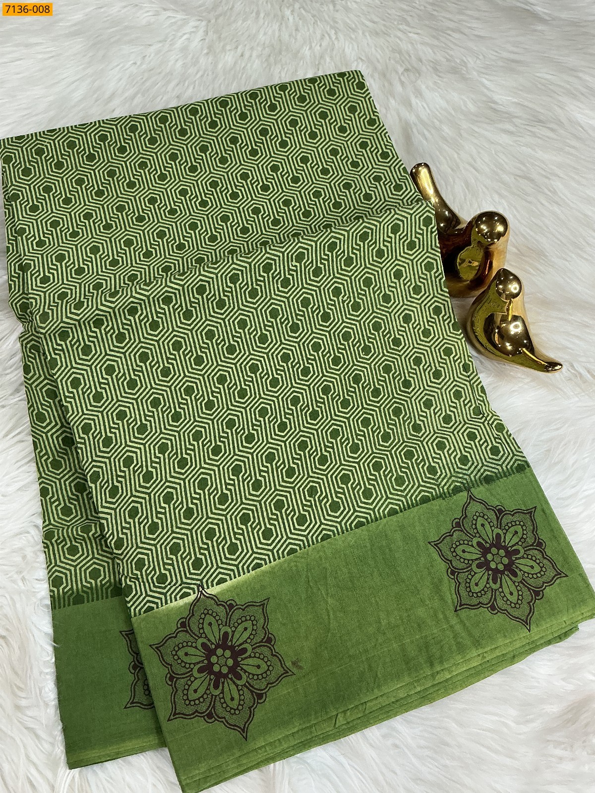 Dark Green Cotton all over printed Saree