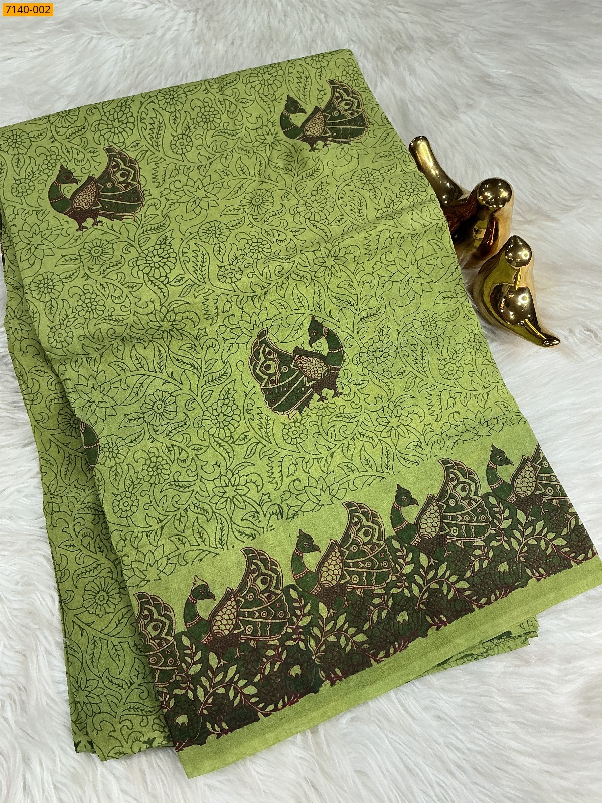 Olive Green Kalamkari Printed Cotton Saree
