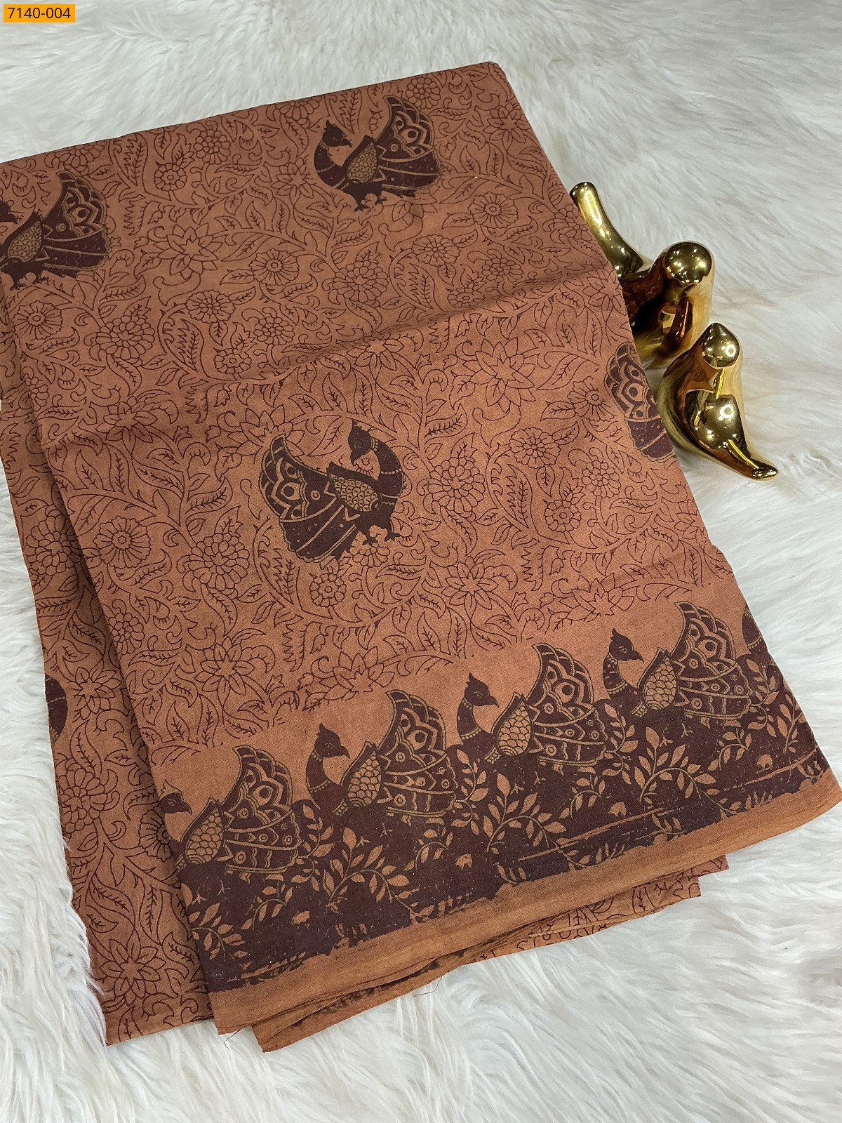 Dark brown Kalamkari Printed Cotton Saree