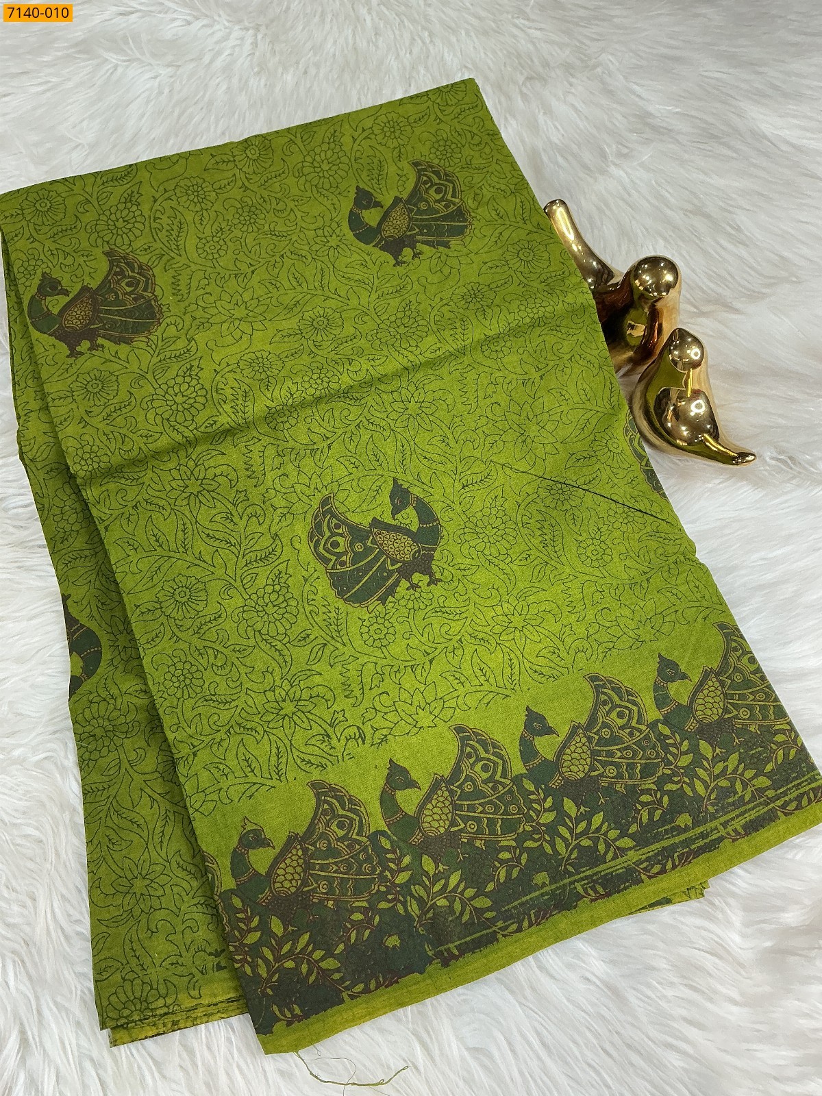 Dark Green Kalamkari Printed Cotton Saree