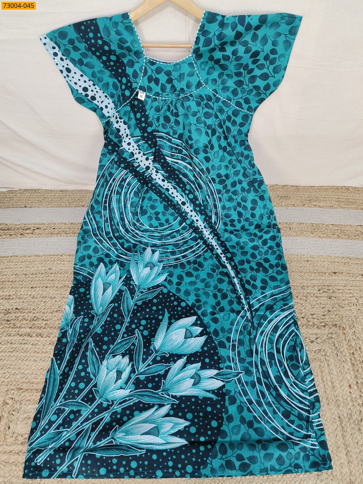 Green Cotton Printed Galaxy Nighty