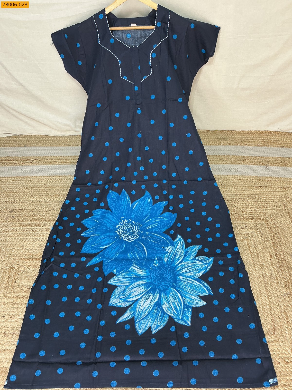 Navy Blue Cotton Printed Galaxy Nighty