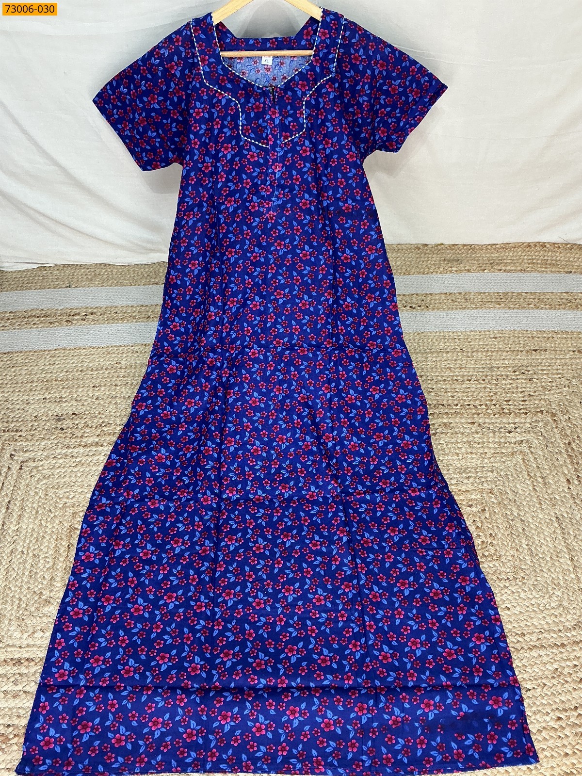 Navy Blue Cotton Printed Galaxy Nighty