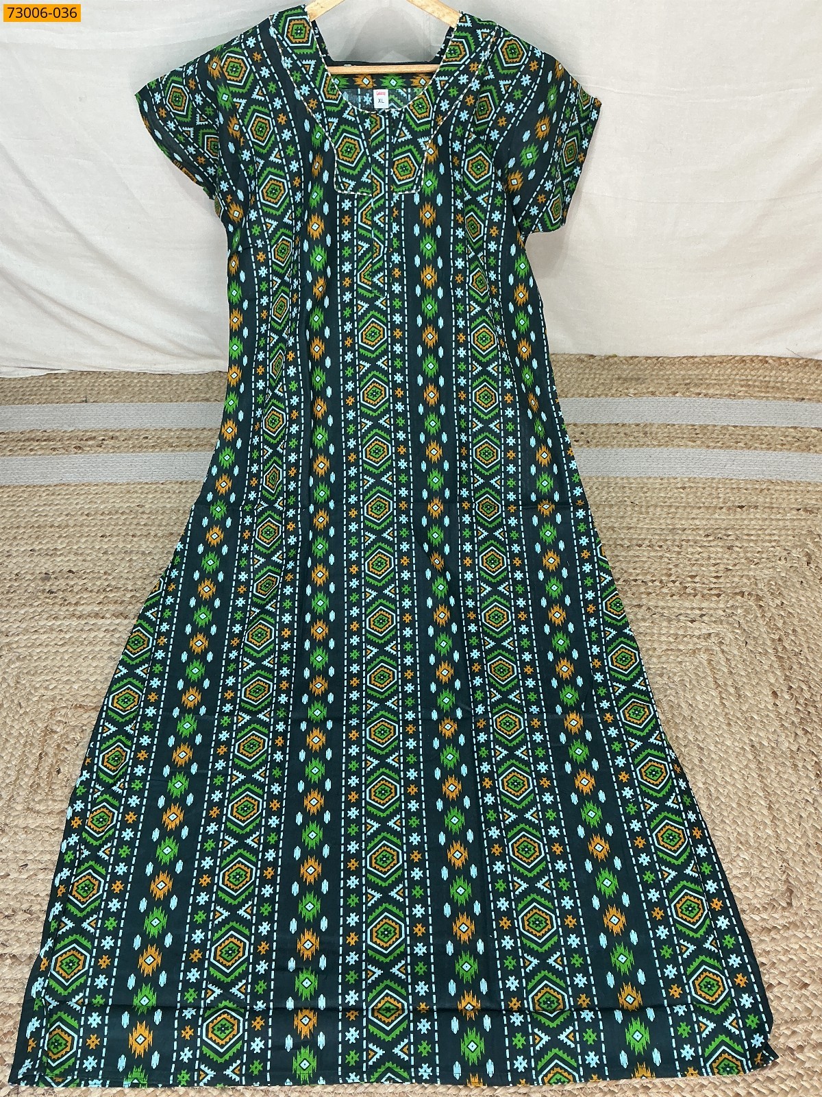 Green Cotton Printed Galaxy Nighty