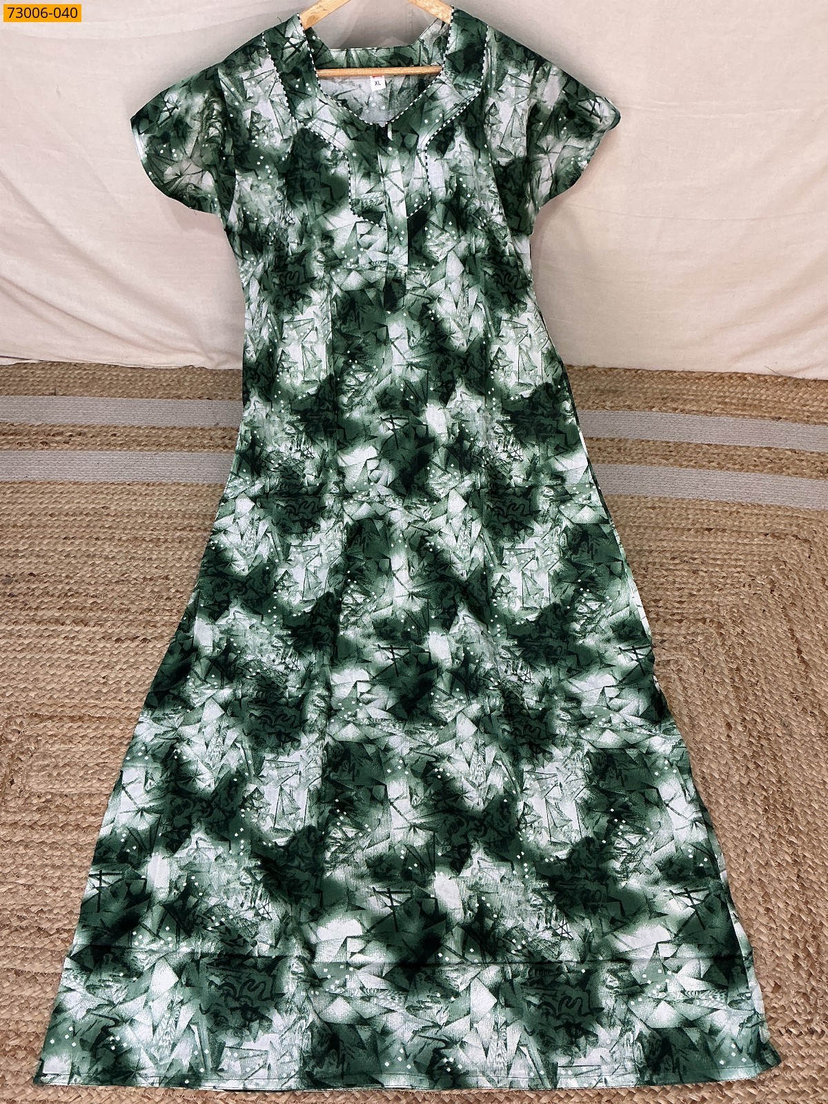 Green Cotton Printed Galaxy Nighty