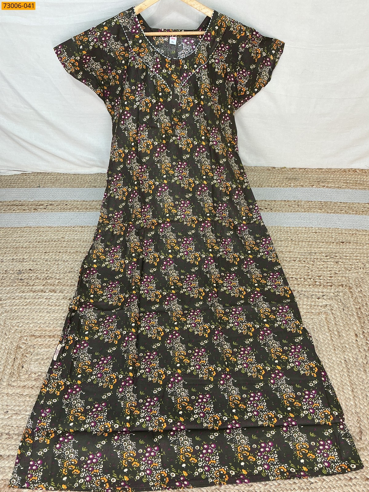 Dark Green Cotton Printed Galaxy Nighty