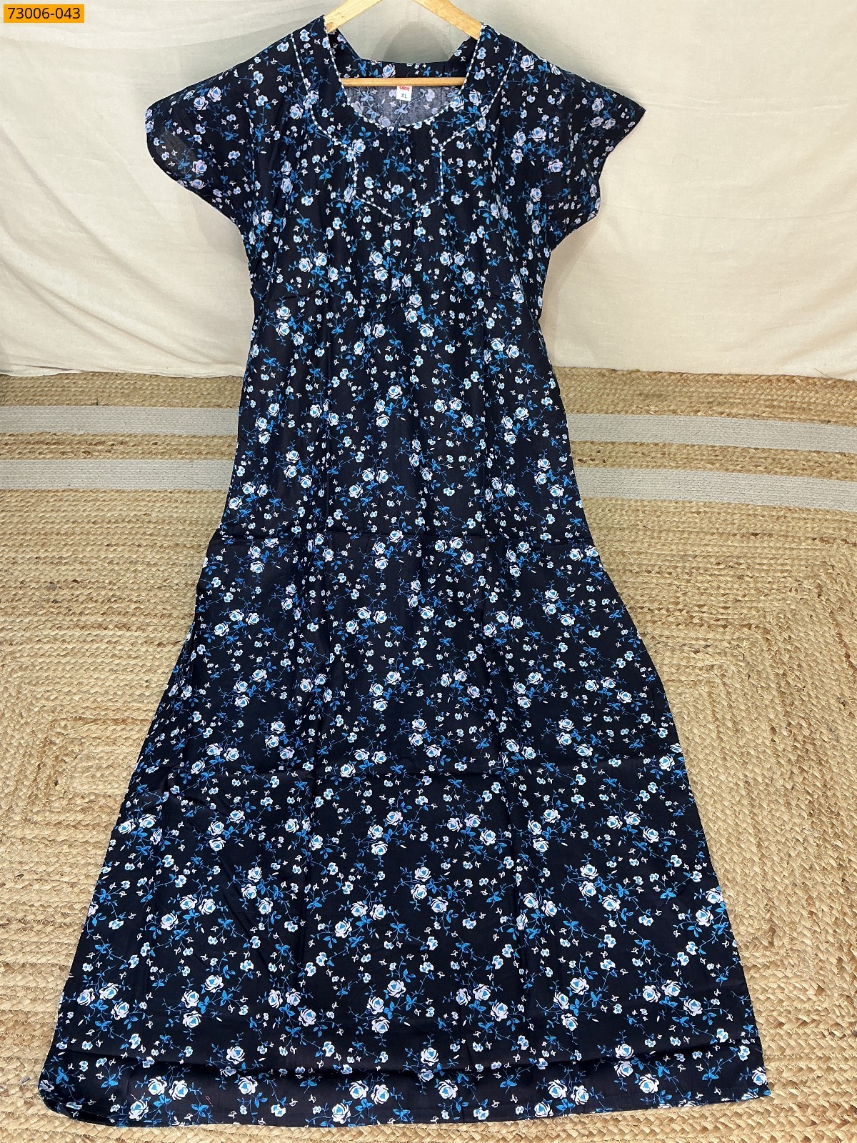 Navy Blue Cotton Printed Galaxy Nighty