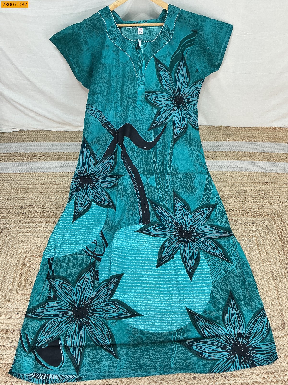 Green Cotton Printed Galaxy Nighty