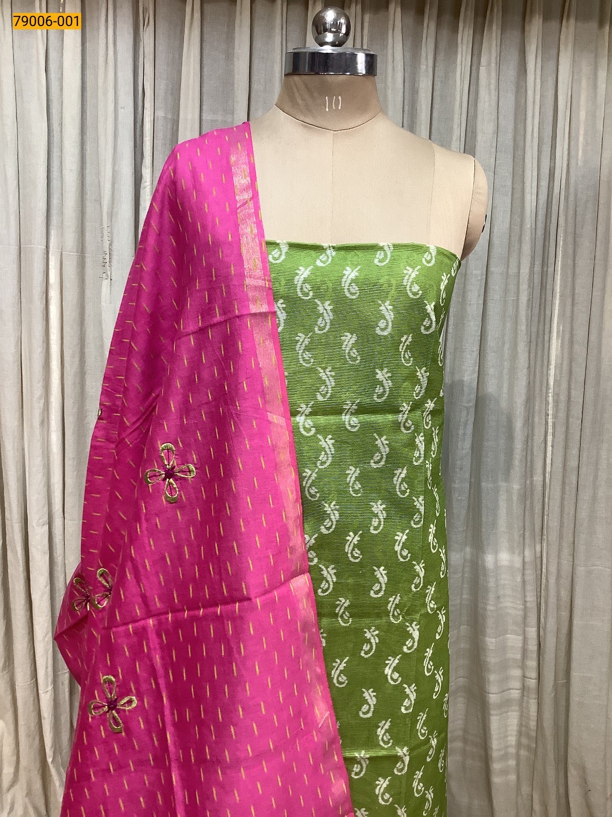 Green Handloom Chanderi Cotton Top and Dupatta Material