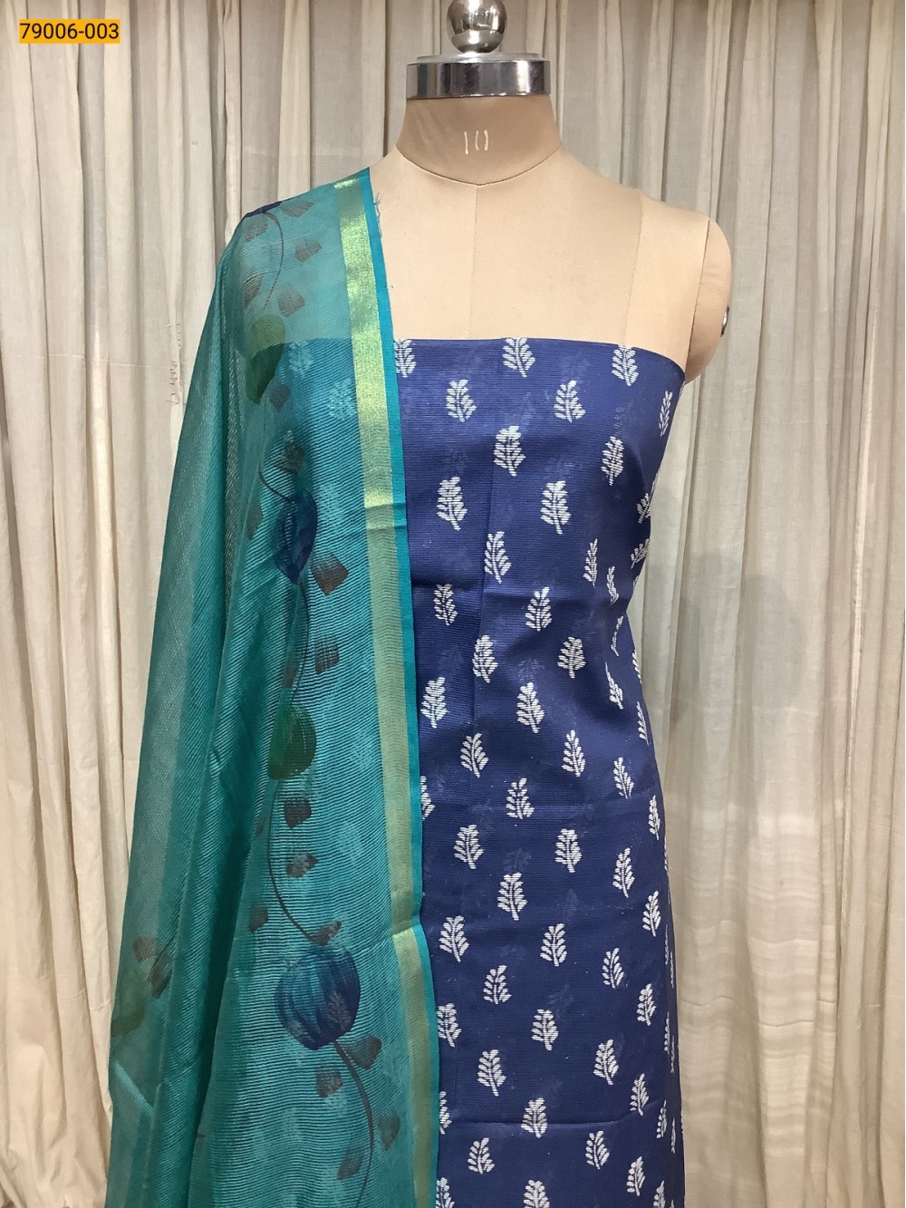 Blue Handloom Chanderi Cotton Top and Dupatta Material