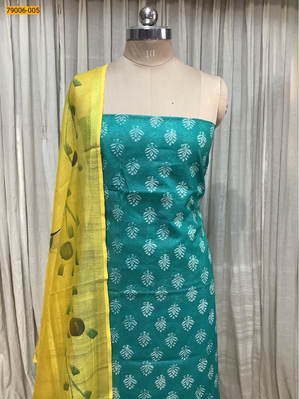 Green Handloom Chanderi Cotton Top and Dupatta Material