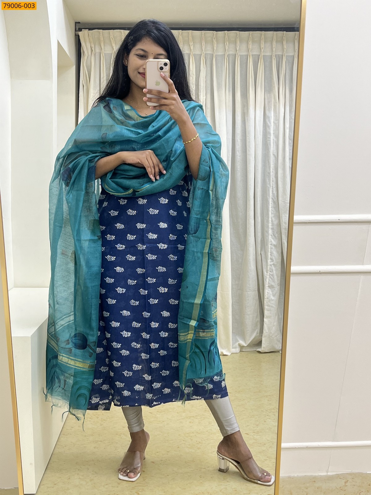 Blue Handloom Chanderi Cotton Top and Dupatta Material