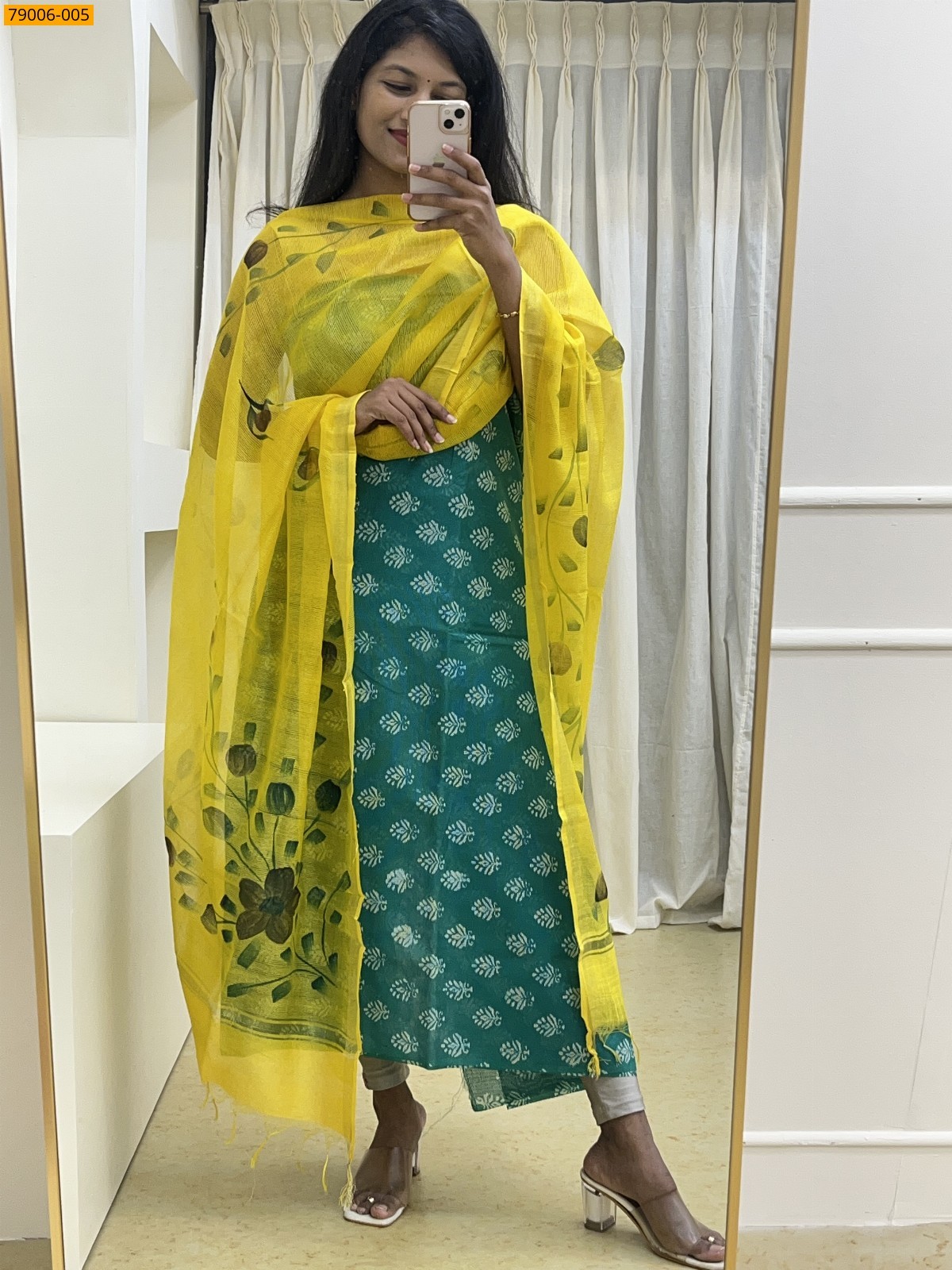 Green Handloom Chanderi Cotton Top and Dupatta Material