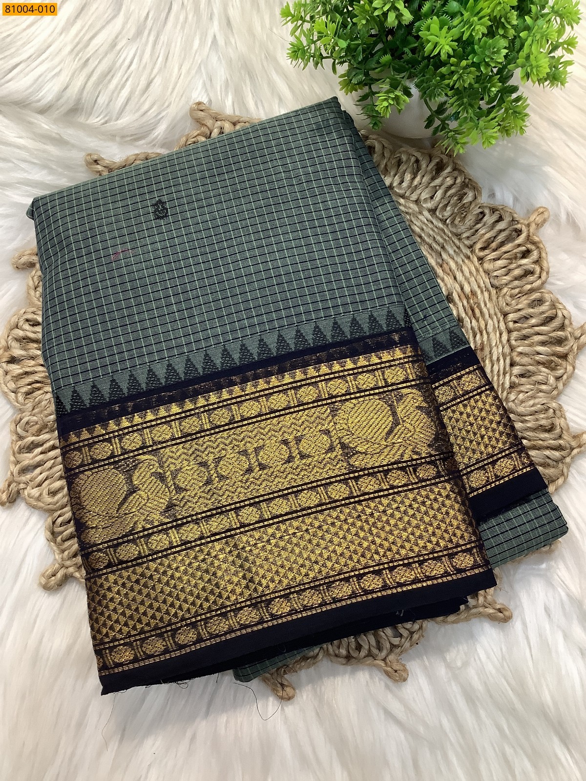 Teal Green Chettinad Cotton checked Sarees