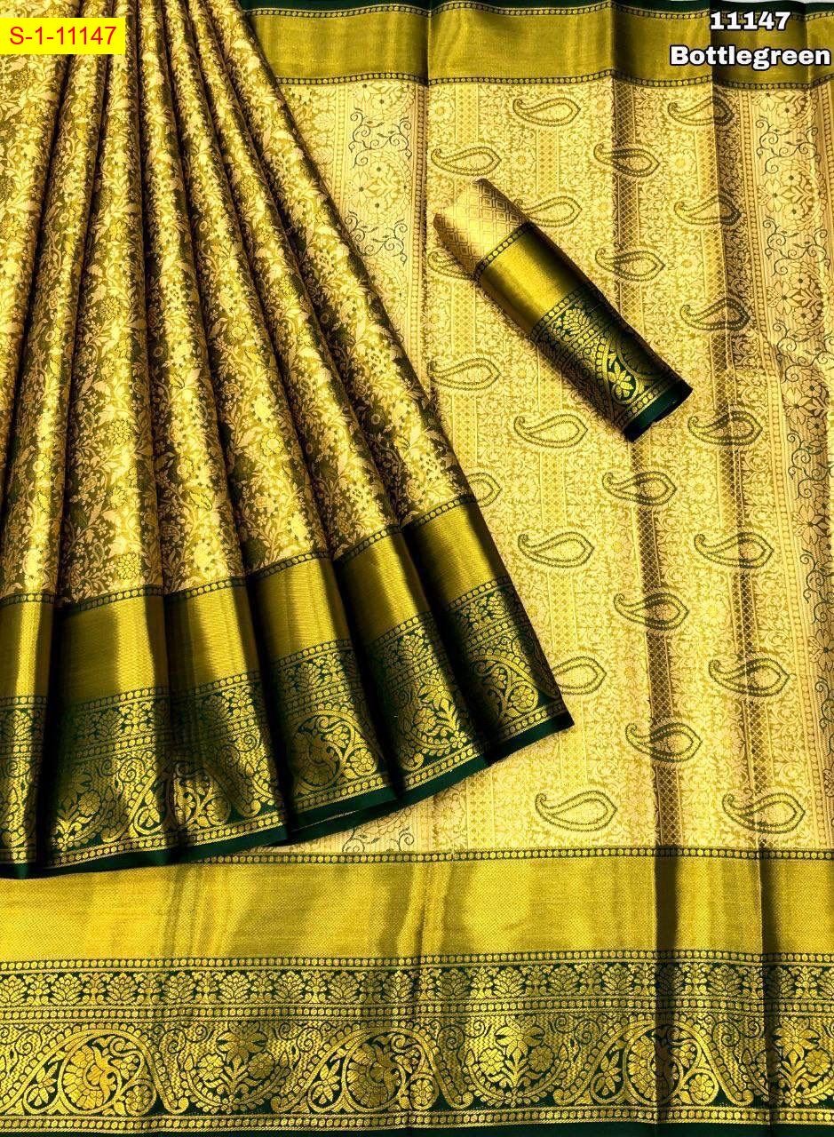 Bottle Green Kanjivaram silk zari weaving sarees