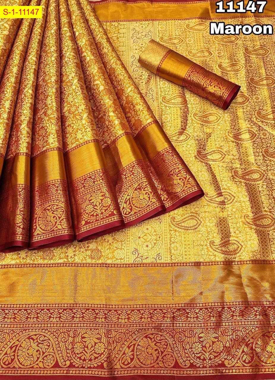 Maroon Kanjivaram silk zari weaving sarees