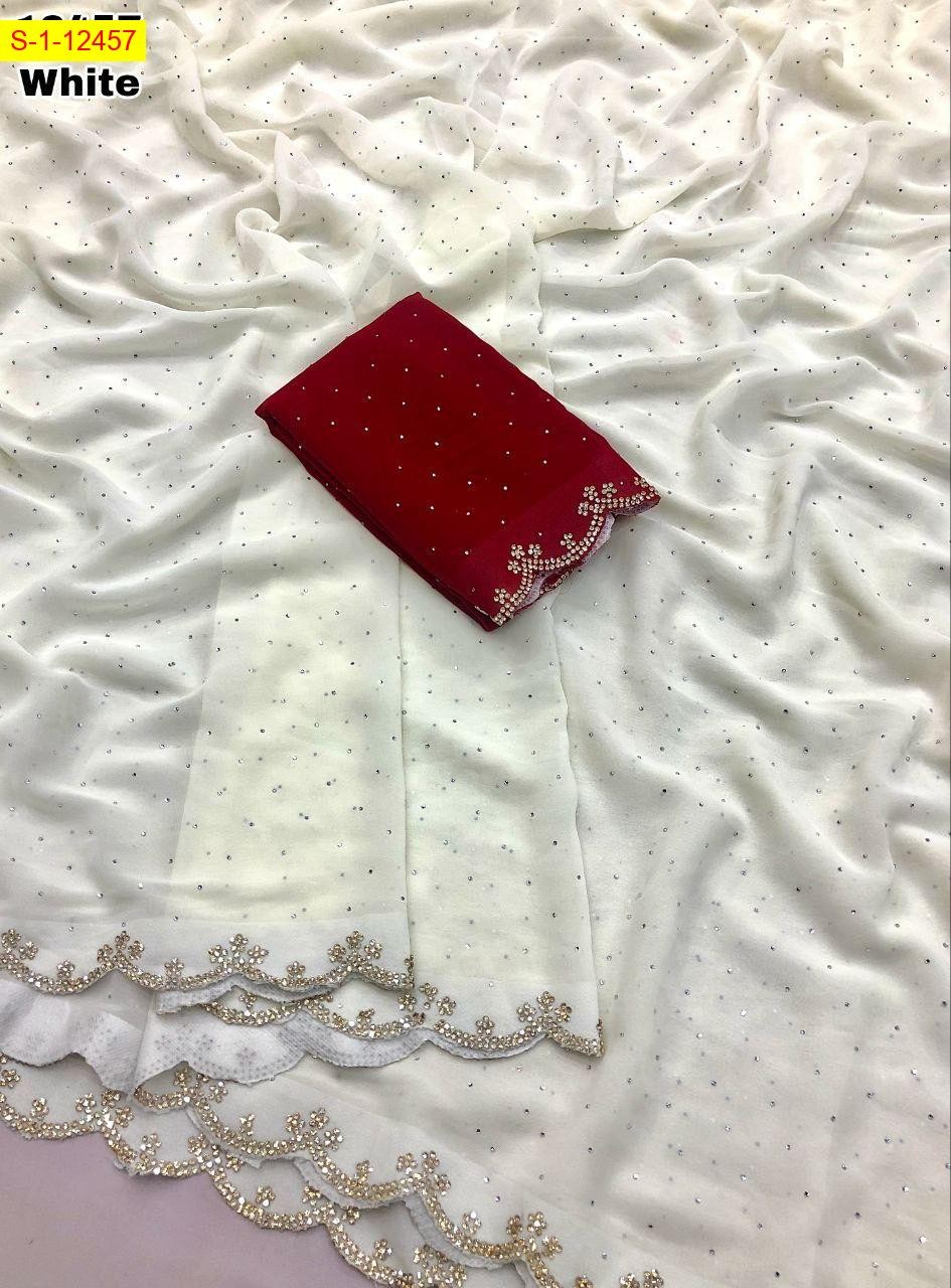 White Chiffon Stone work sarees