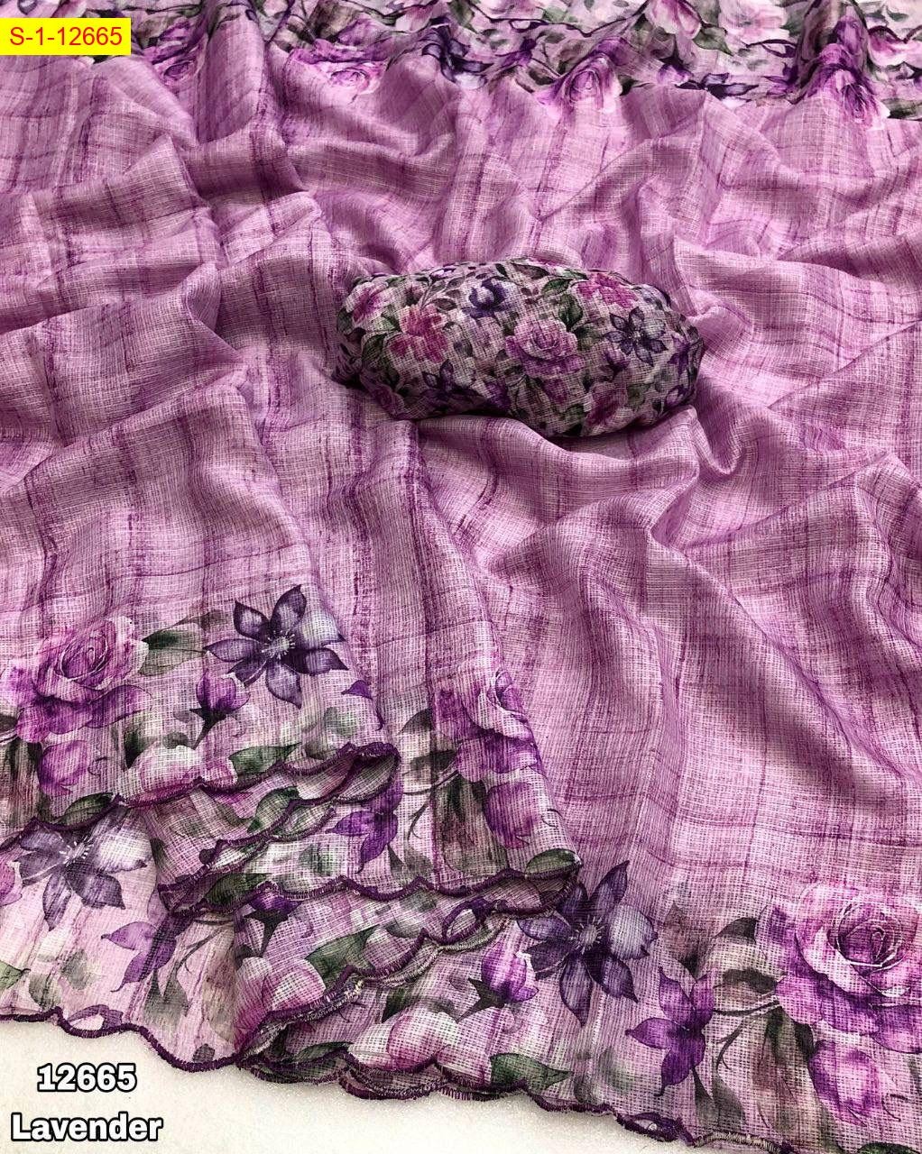 Lavender Kota check floral check digital print embroidery work sarees