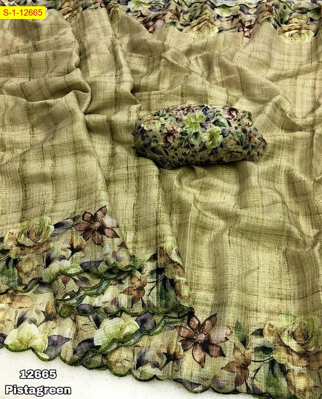 Pista Green Kota check floral check digital print embroidery work sarees