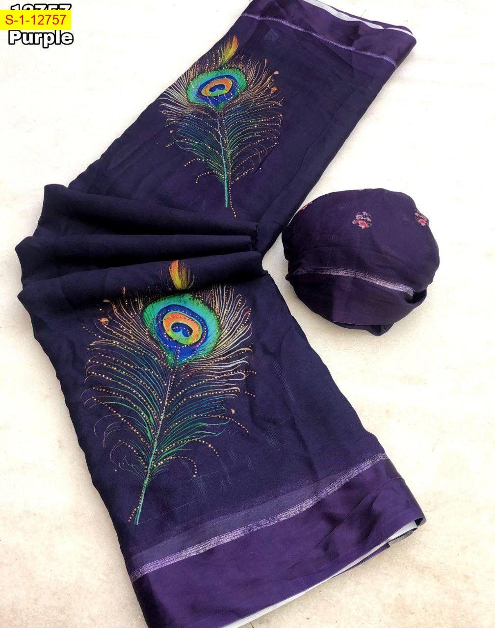 Purple Moss chiffon with peacock feather digital print sarees
