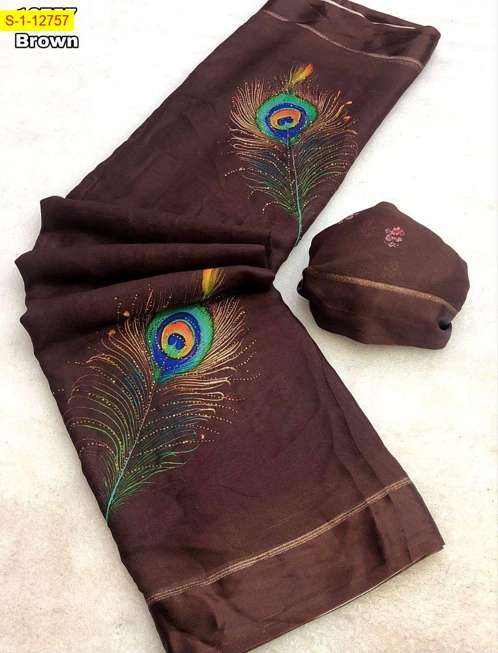Brown Moss chiffon with peacock feather digital print sarees