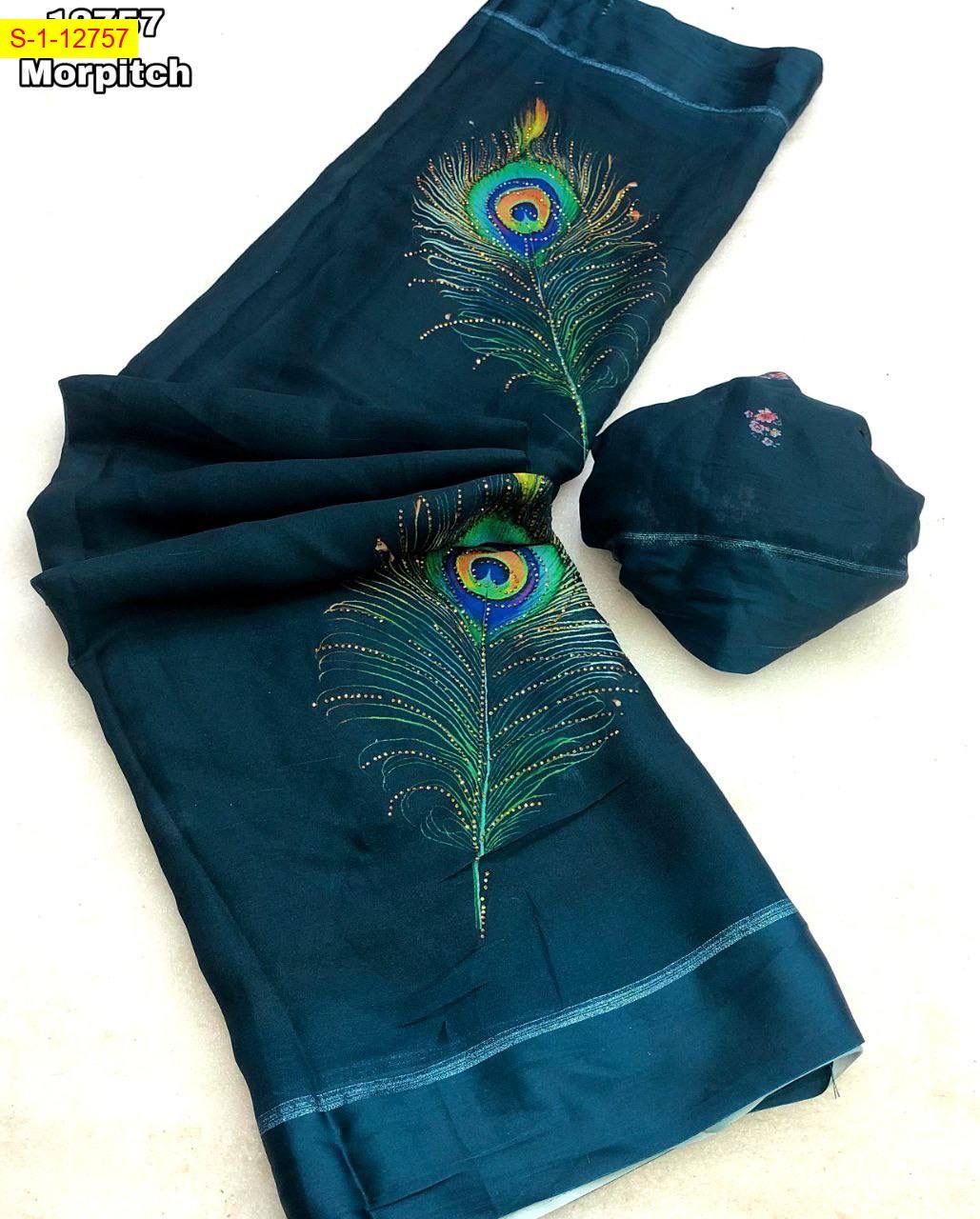 Mropitch Moss chiffon with peacock feather digital print sarees
