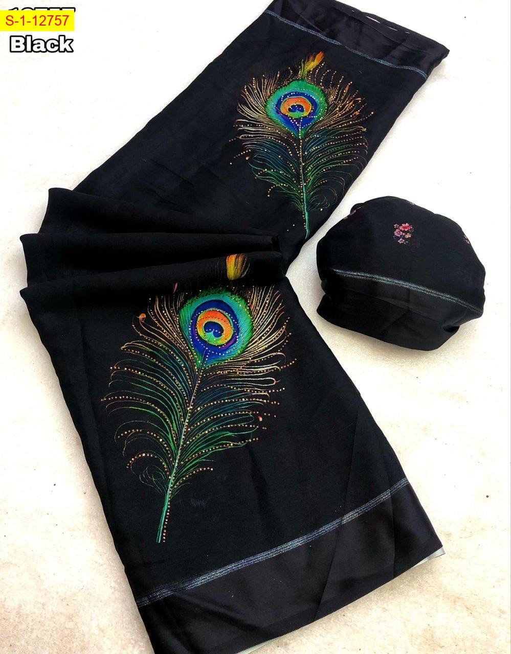 Black Moss chiffon with peacock feather digital print sarees