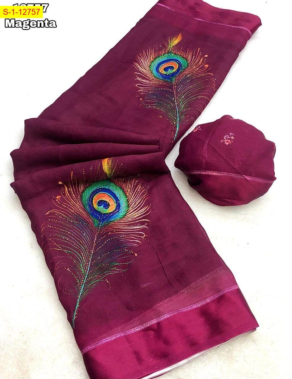 Magenta Moss chiffon with peacock feather digital print sarees