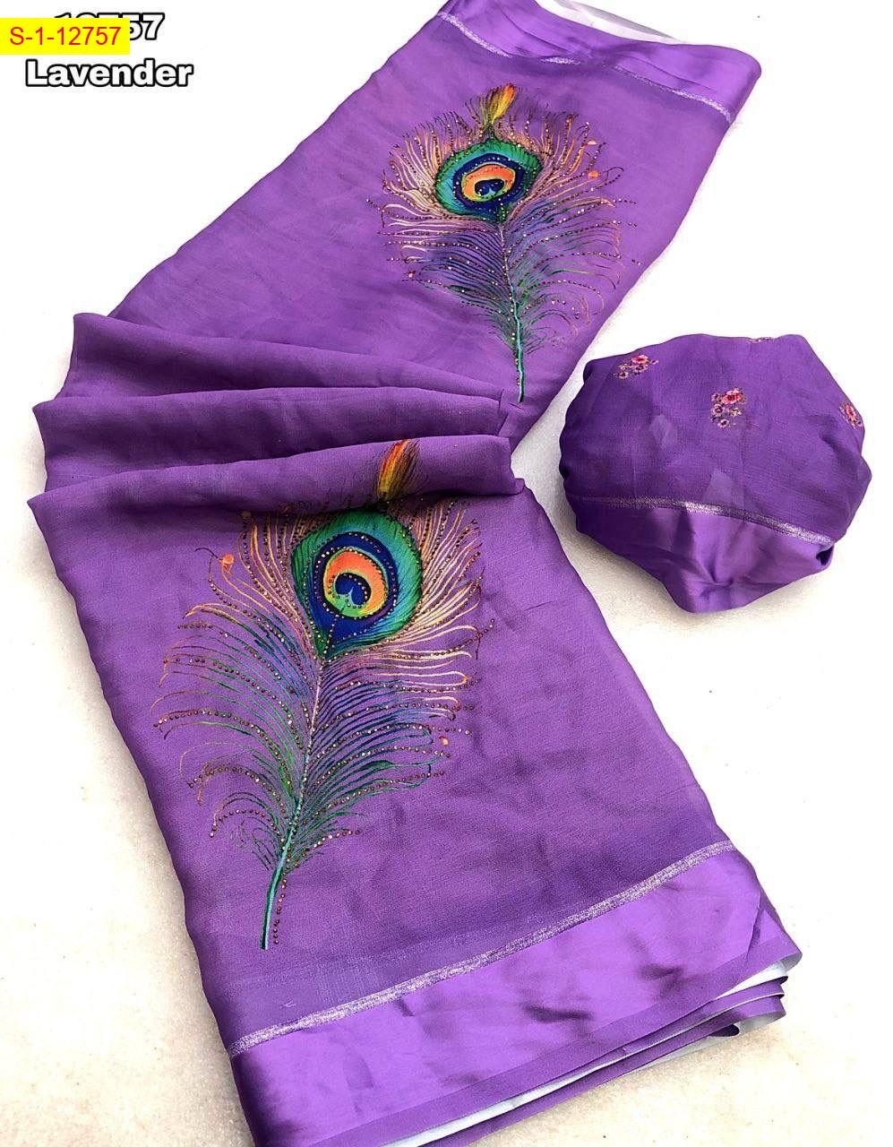 Levender Moss chiffon with peacock feather digital print sarees