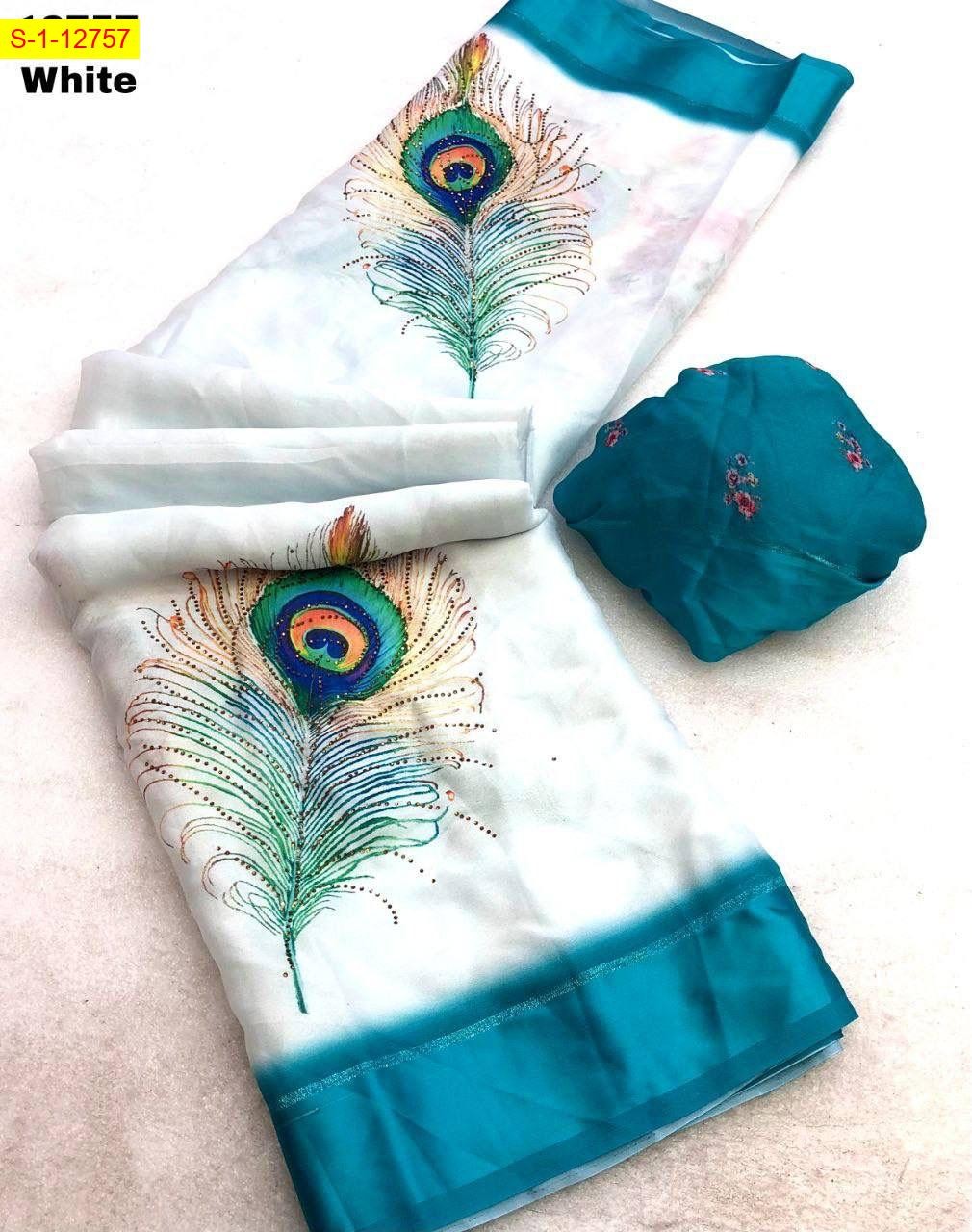 White Moss chiffon with peacock feather digital print sarees