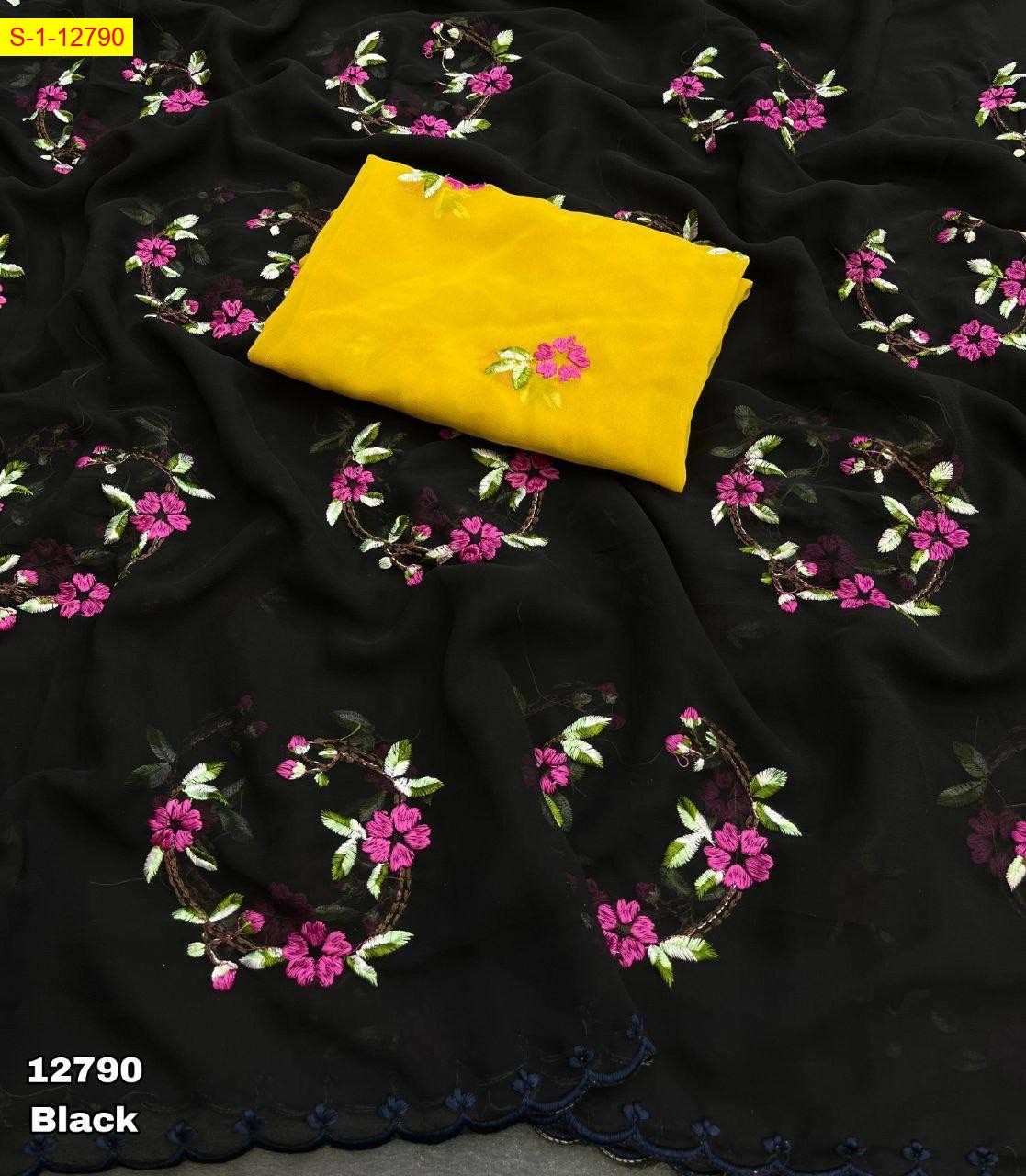 Black Georgette floral embroidery work sarees