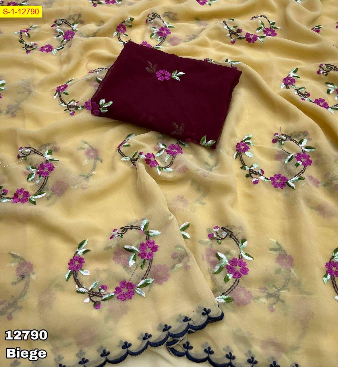 Beige Georgette floral embroidery work sarees