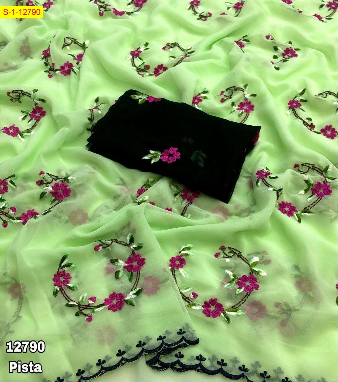 Pista Georgette floral embroidery work sarees