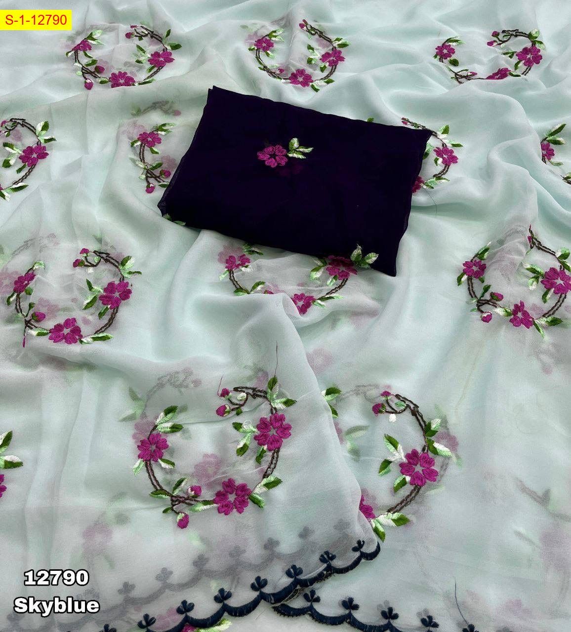 Sky Blue Georgette floral embroidery work sarees