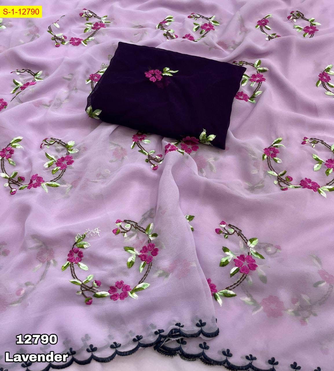 Lavender Georgette floral embroidery work sarees