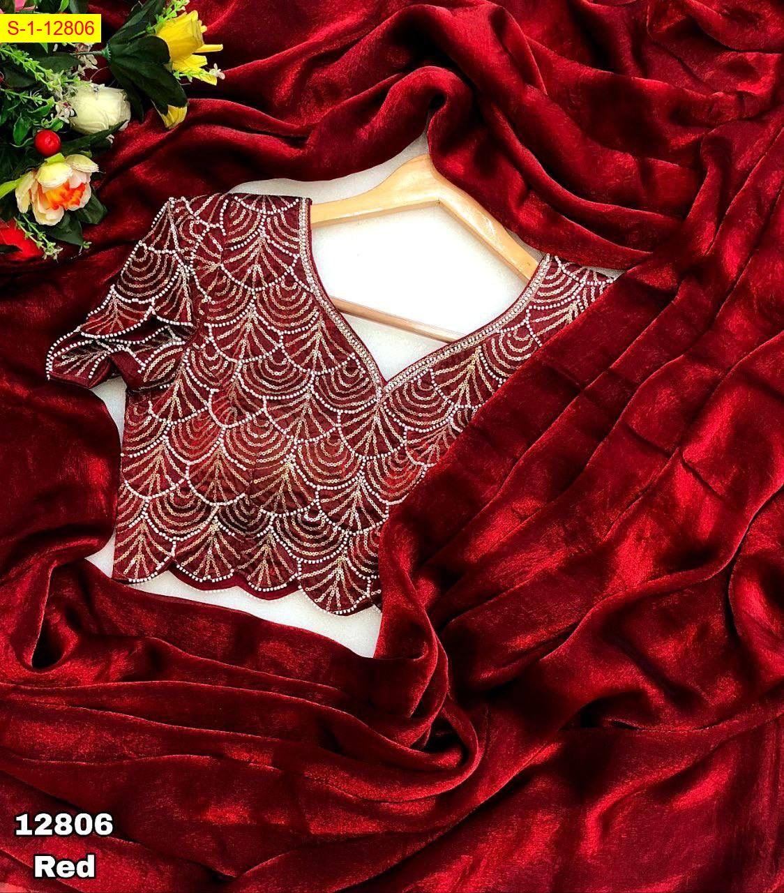 Red Soft & smooth space silk plain sarees