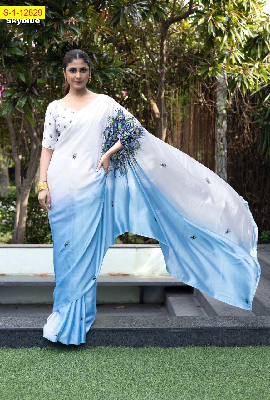Sky blue Satin georgette free hand saree 