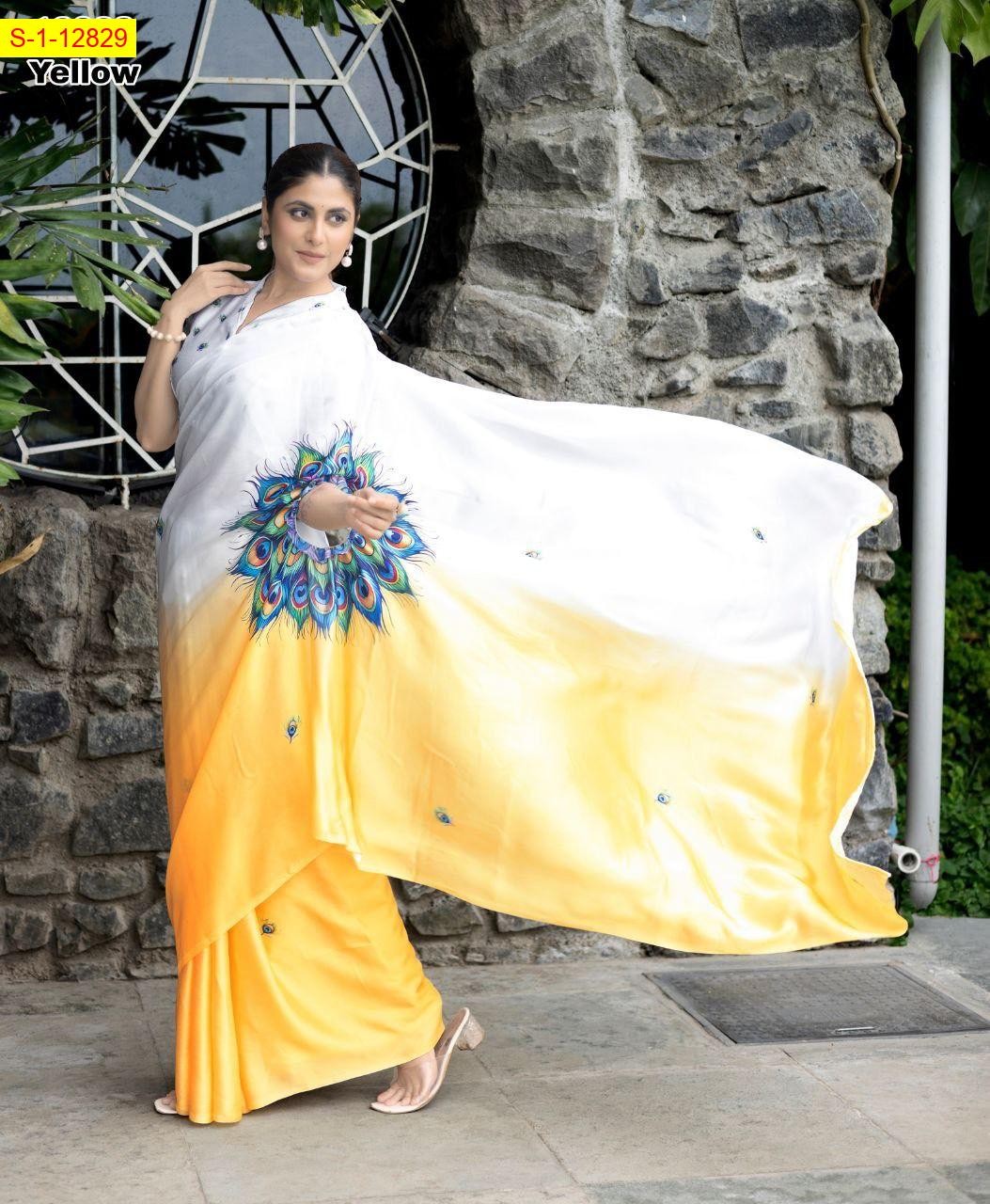 Yellow Satin georgette free hand saree 